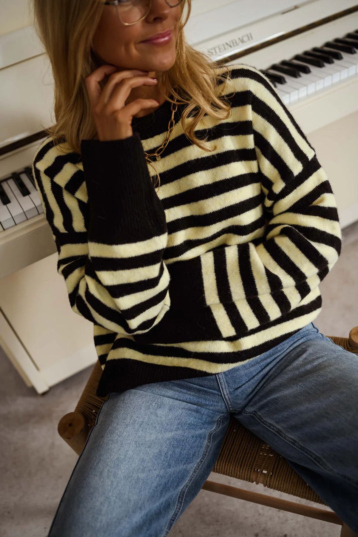 Contrast Cuff Striped Knit Pullover Sweater - Yellow - 1