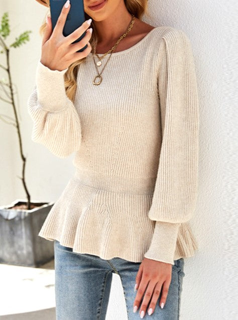 Ribbed Peplum Hem Balloon Sleeve Sweater - Beige