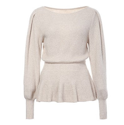 Ribbed Peplum Hem Balloon Sleeve Sweater - Beige - 4