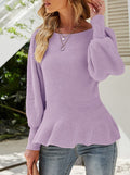 Ribbed Peplum Hem Balloon Sleeve Sweater - Purple