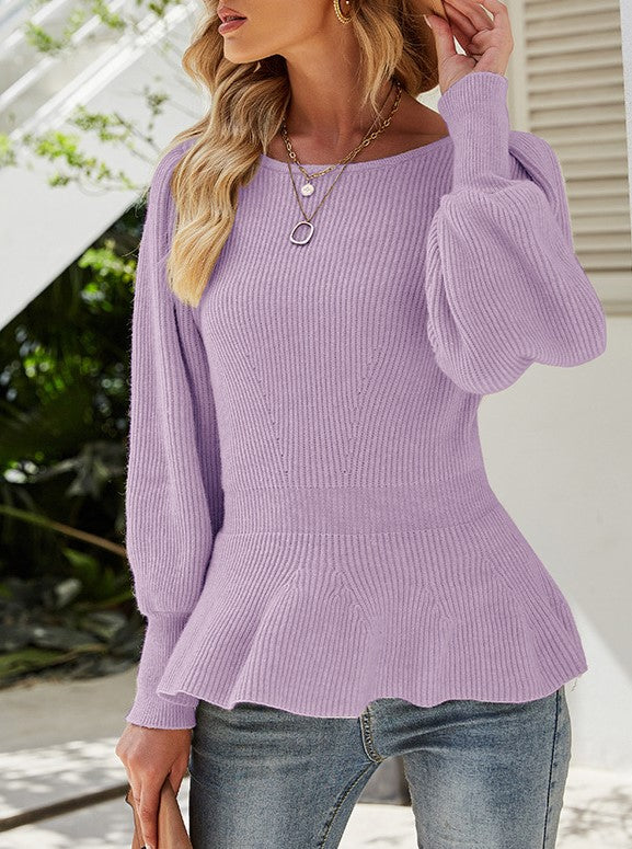 Ribbed Peplum Hem Balloon Sleeve Sweater - Purple