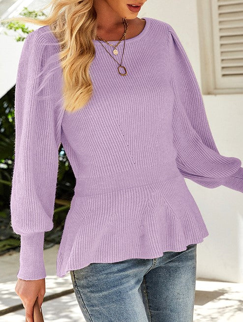 Ribbed Peplum Hem Balloon Sleeve Sweater - Purple - 1