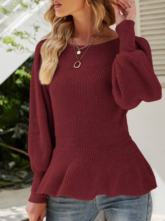 Ribbed Peplum Hem Balloon Sleeve Sweater