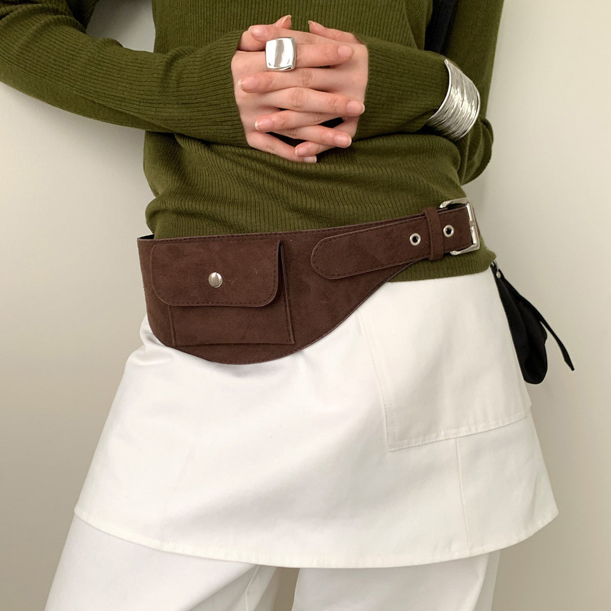 Faux Suede Western Pocket Belt Bag - Dark Brown