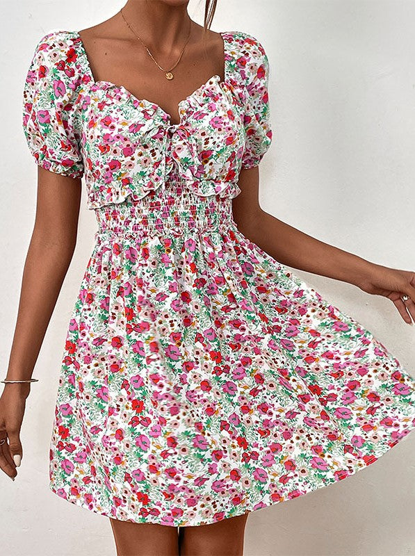 Ditsy Floral Puff Sleeve Smocked Mini Dress - Rosered