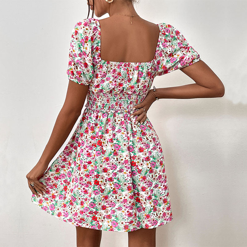 Ditsy Floral Puff Sleeve Smocked Mini Dress - Rosered - 1