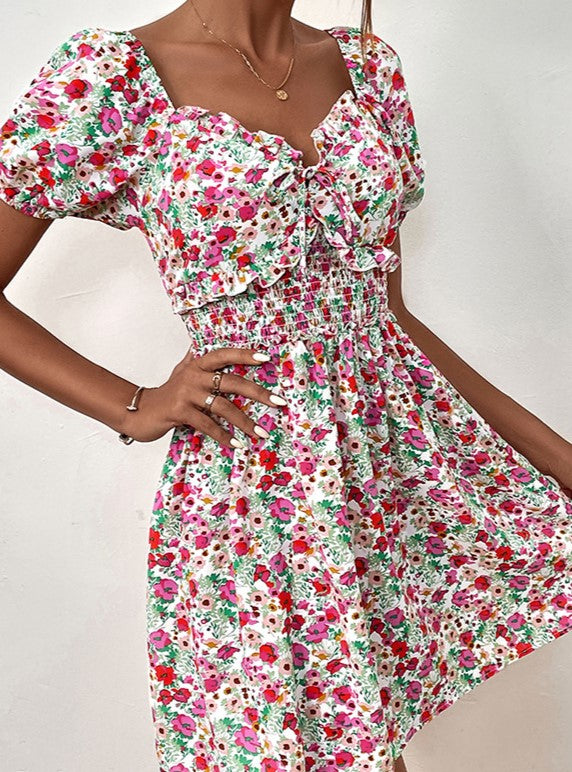 Ditsy Floral Puff Sleeve Smocked Mini Dress - Rosered - 2