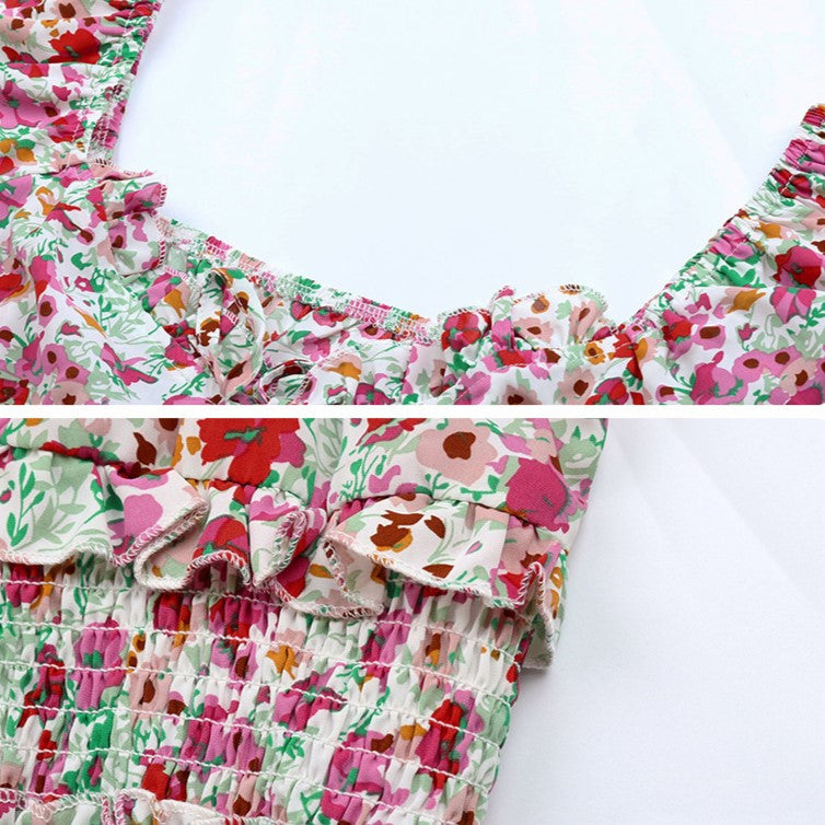 Ditsy Floral Puff Sleeve Smocked Mini Dress - Rosered - 3