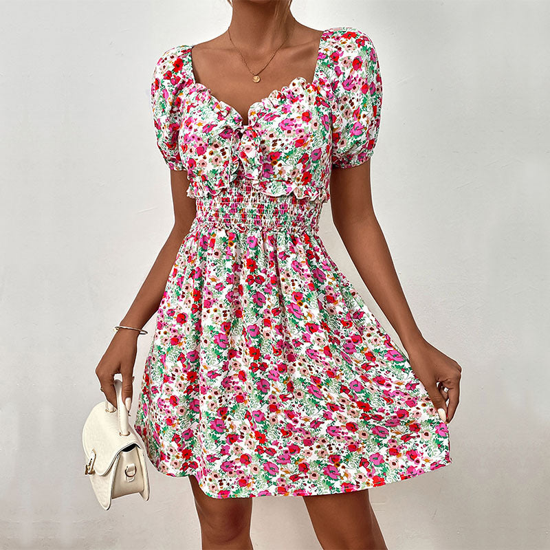Ditsy Floral Puff Sleeve Smocked Mini Dress - Rosered - 4