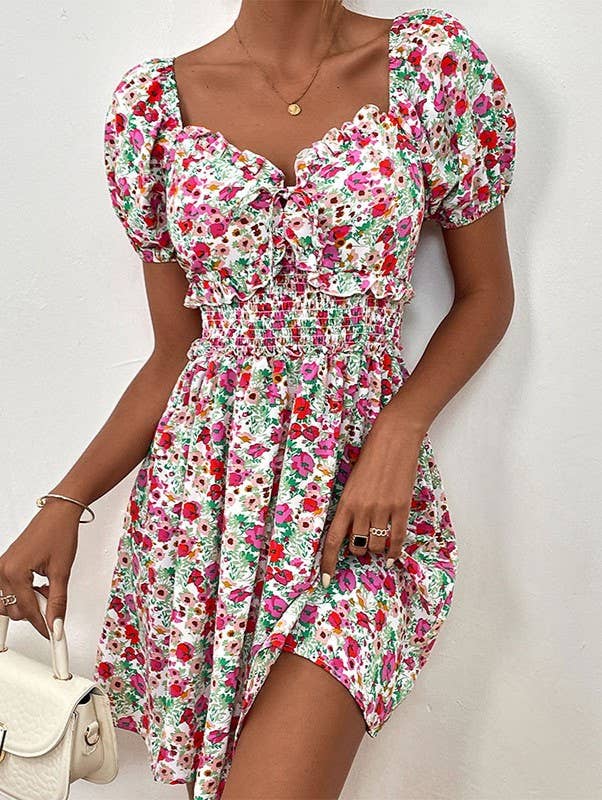 Ditsy Floral Puff Sleeve Smocked Mini Dress