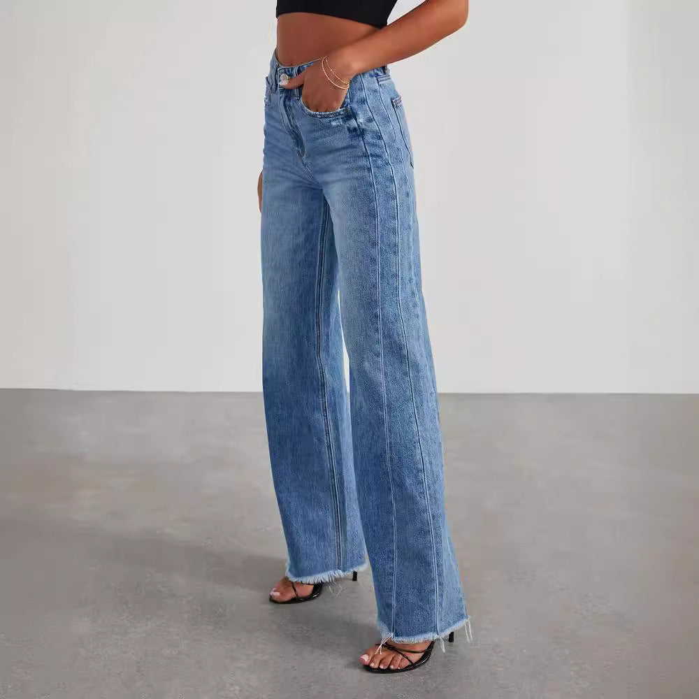 Wide Leg Jeans With Frayed Raw Hem