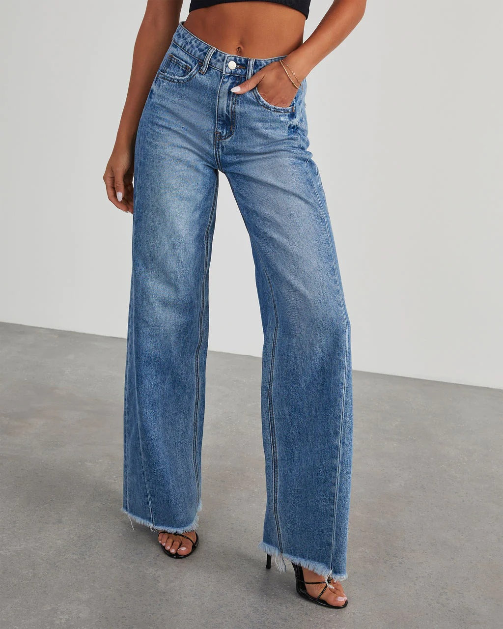 Wide Leg Jeans With Frayed Raw Hem - view 1