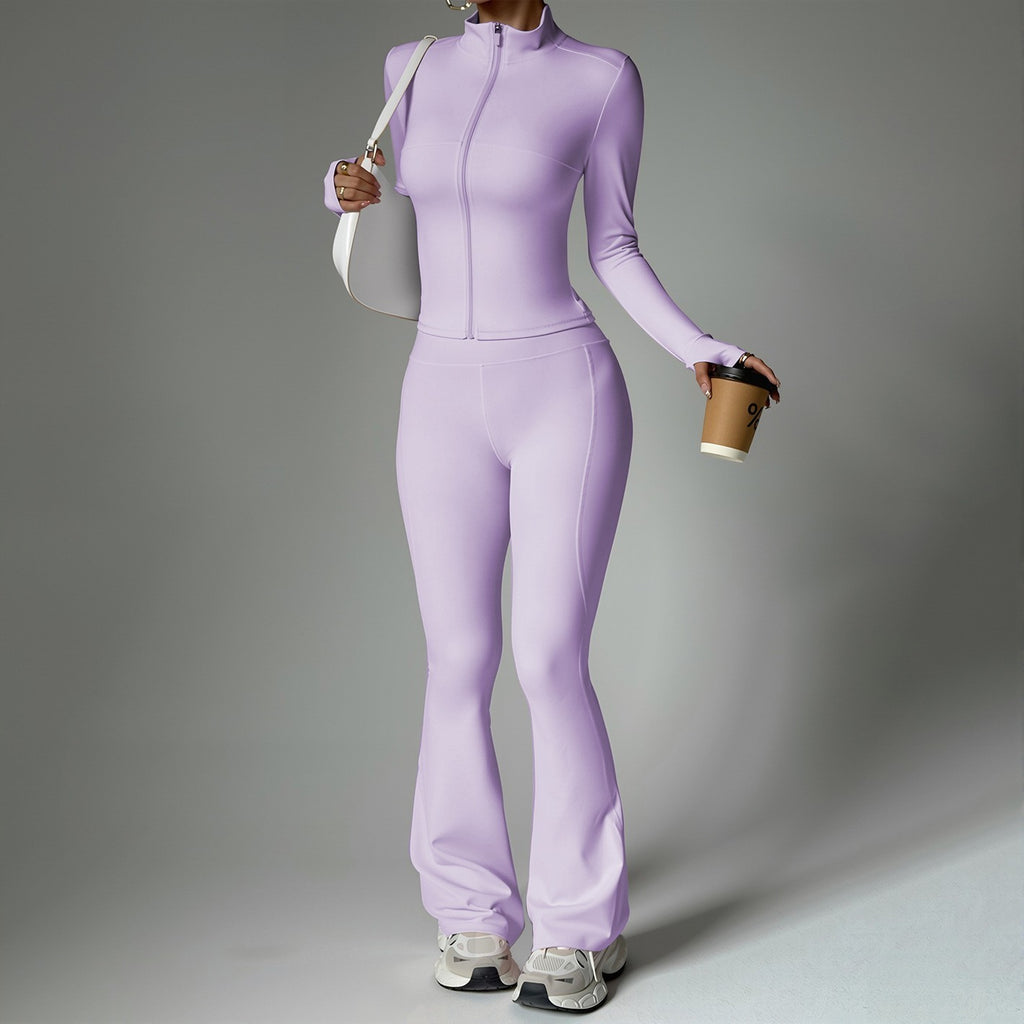 Zip Up Thumbhole Jacket and Flare Leggings Yoga Set - Lavender