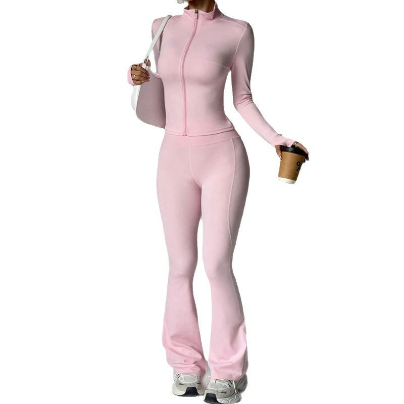 Zip Up Thumbhole Jacket and Flare Leggings Yoga Set