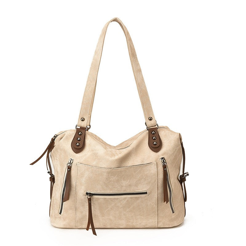 Distressed Faux Leather Studded Shoulder Bag - Cream