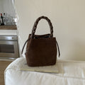 Faux Suede Braided Handle Mini Bucket Bag - Chocolate
