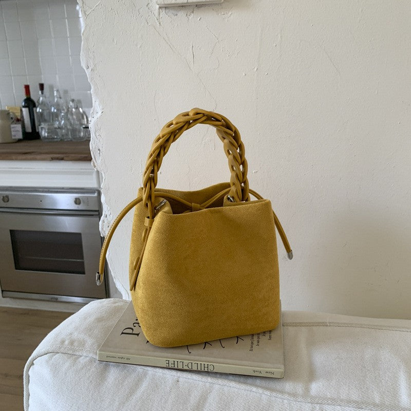 Faux Suede Braided Handle Mini Bucket Bag - Mustard
