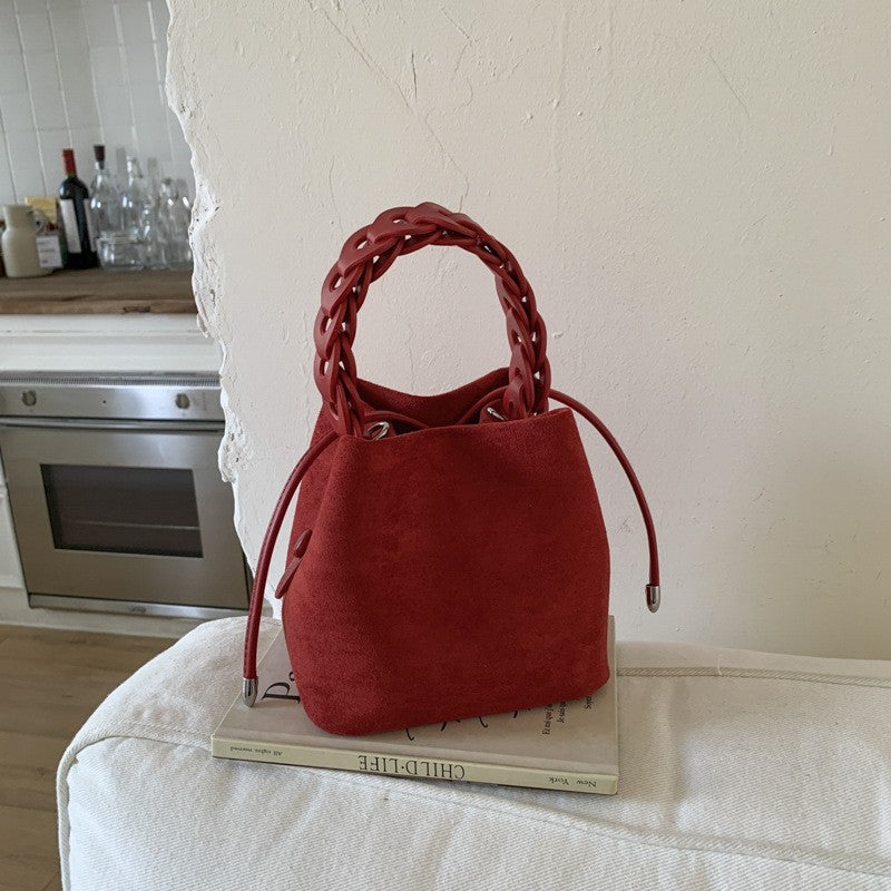 Faux Suede Braided Handle Mini Bucket Bag - Red
