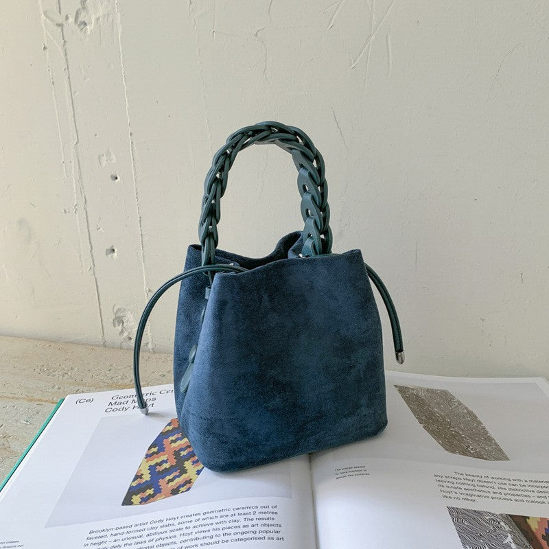 Faux Suede Braided Handle Mini Bucket Bag - Slate Blue