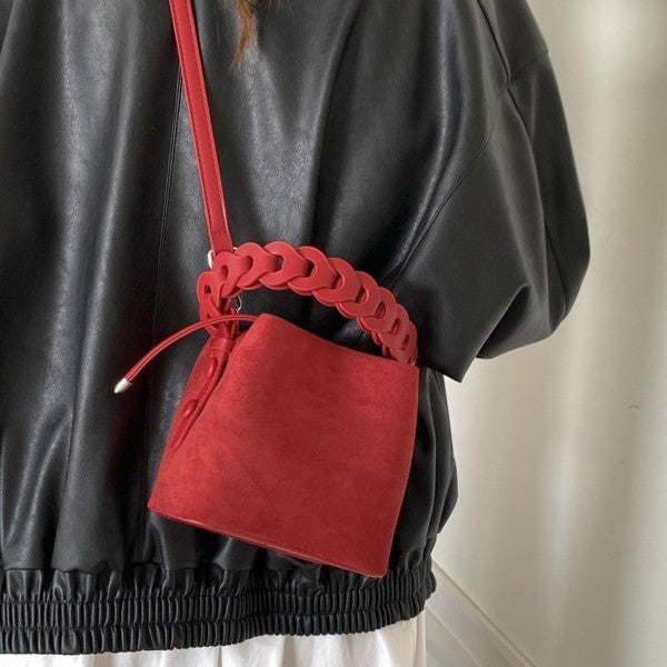 Faux Suede Braided Handle Mini Bucket Bag