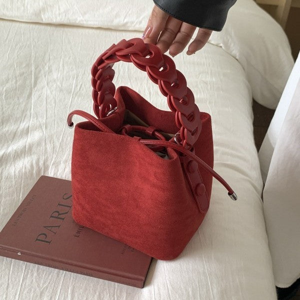Faux Suede Braided Handle Mini Bucket Bag