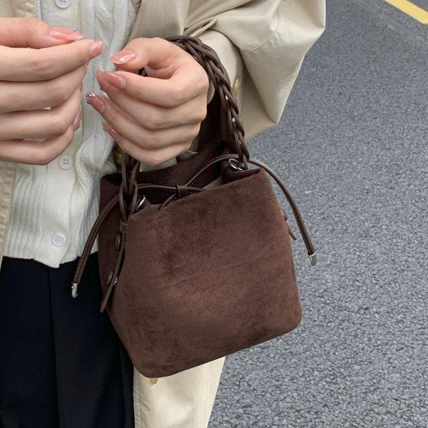 Faux Suede Braided Handle Mini Bucket Bag