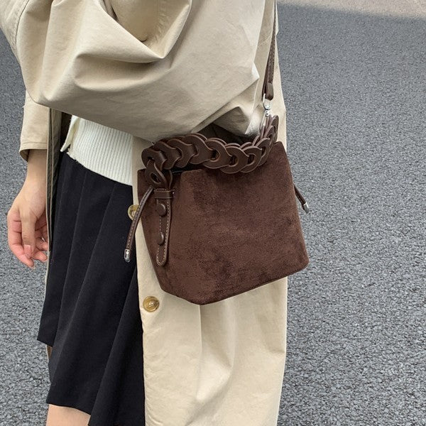 Faux Suede Braided Handle Mini Bucket Bag