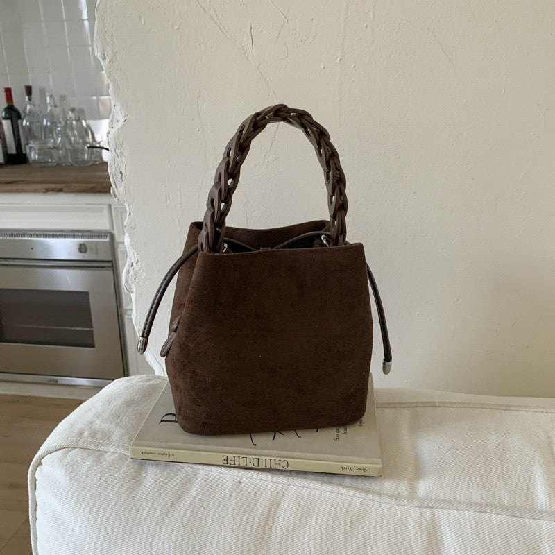 Faux Suede Braided Handle Mini Bucket Bag