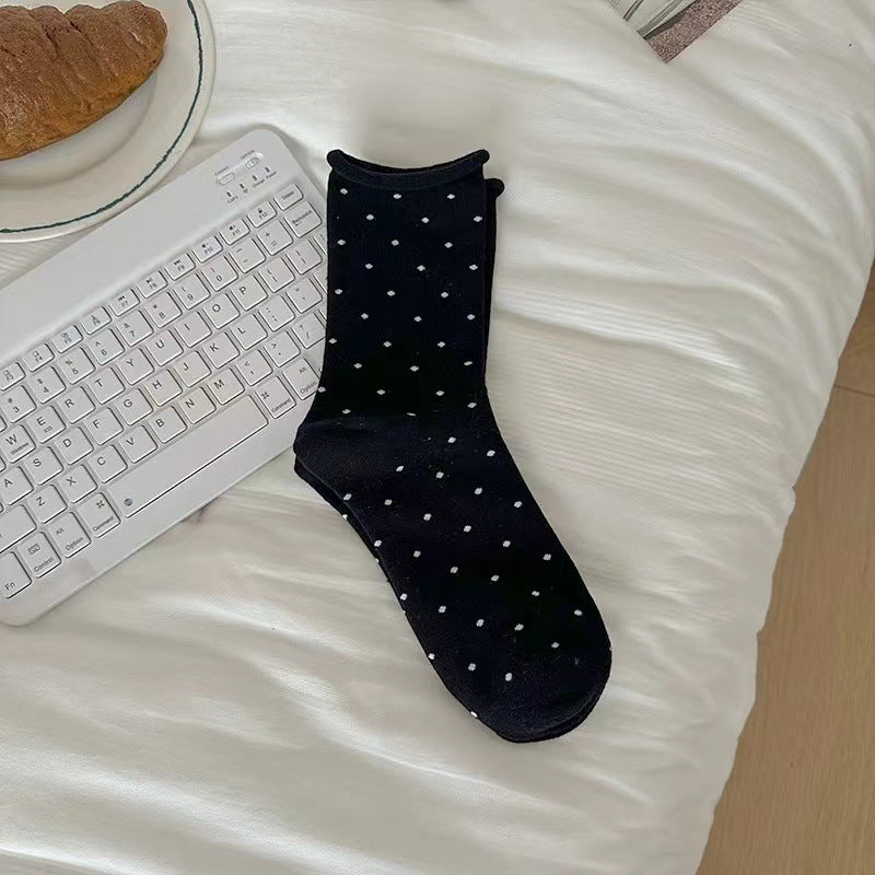 Pin Dot Curled Edge Crew Socks - Black