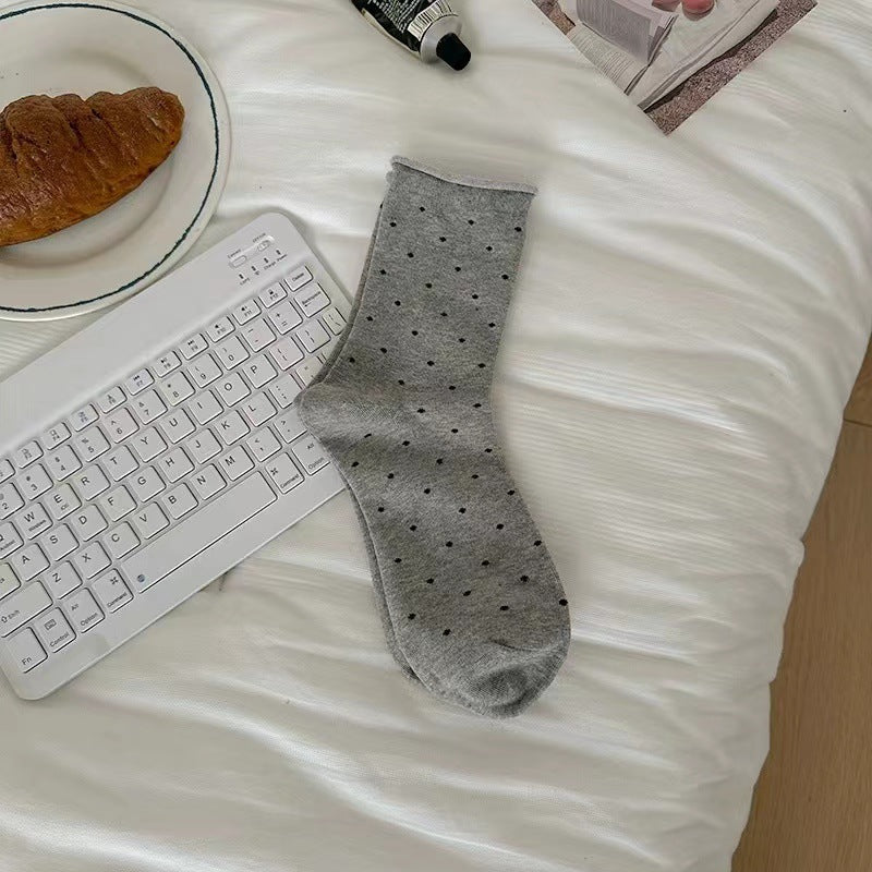 Pin Dot Curled Edge Crew Socks - Grey