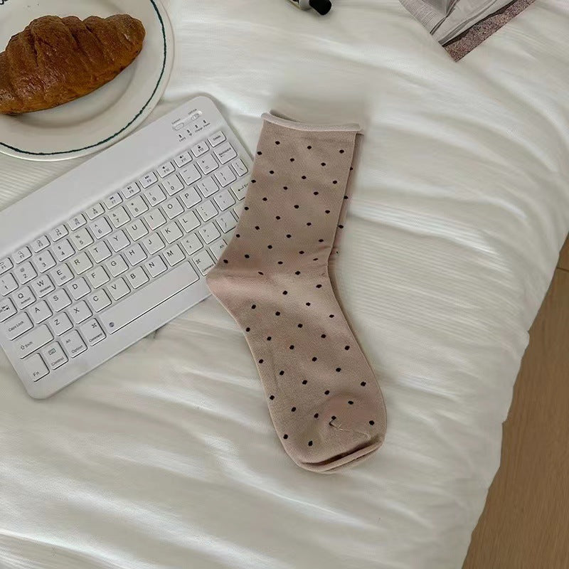 Pin Dot Curled Edge Crew Socks - Khaki