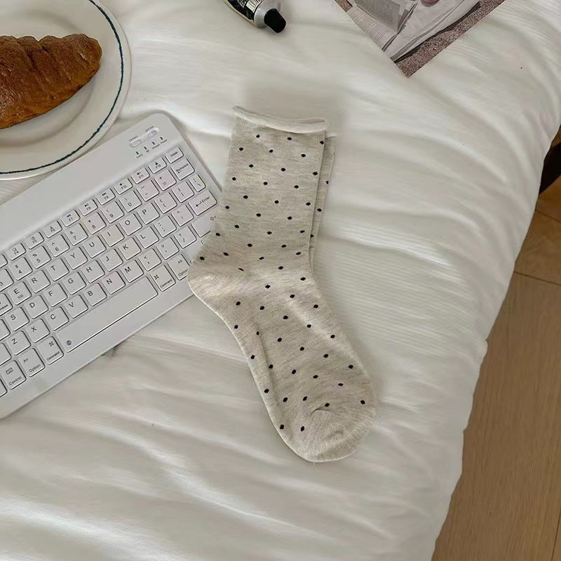 Pin Dot Curled Edge Crew Socks - Oats