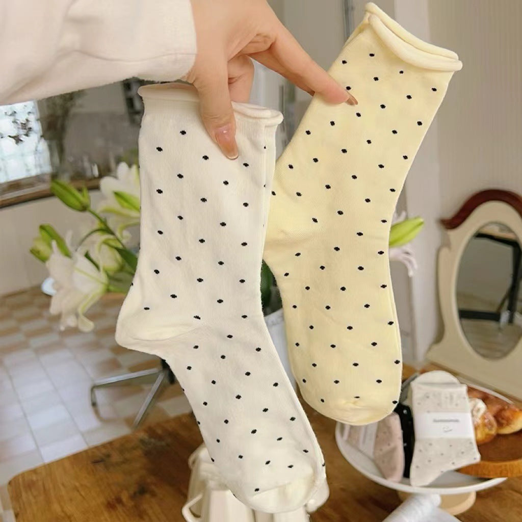 Pin Dot Curled Edge Crew Socks - Yellow