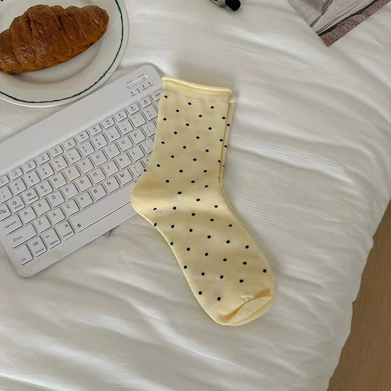 Pin Dot Curled Edge Crew Socks - Yellow - 1