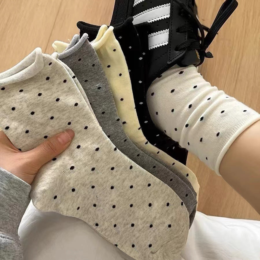 Pin Dot Curled Edge Crew Socks - Yellow - 2