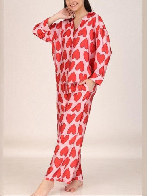 Allover Heart Print Long Pajama Set - Heart_1