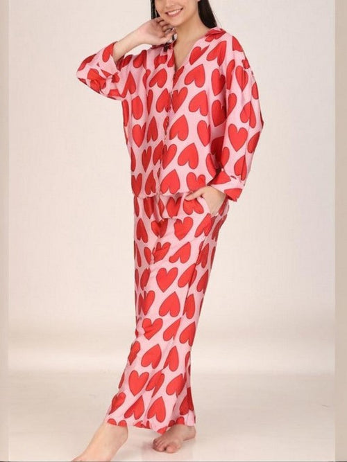Allover Heart Print Long Pajama Set - Heart_1