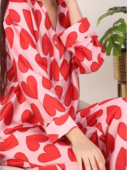 Allover Heart Print Long Pajama Set - Heart_1 - 1