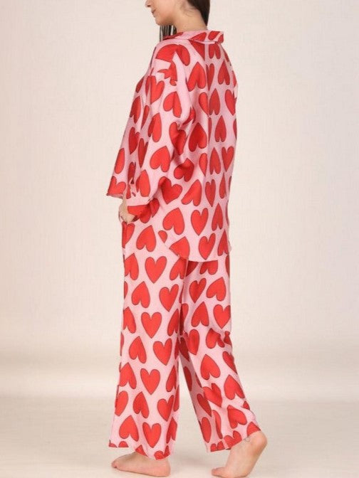 Allover Heart Print Long Pajama Set - Heart_1 - 2