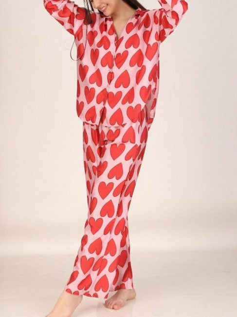 Allover Heart Print Long Pajama Set - Heart_1 - 3