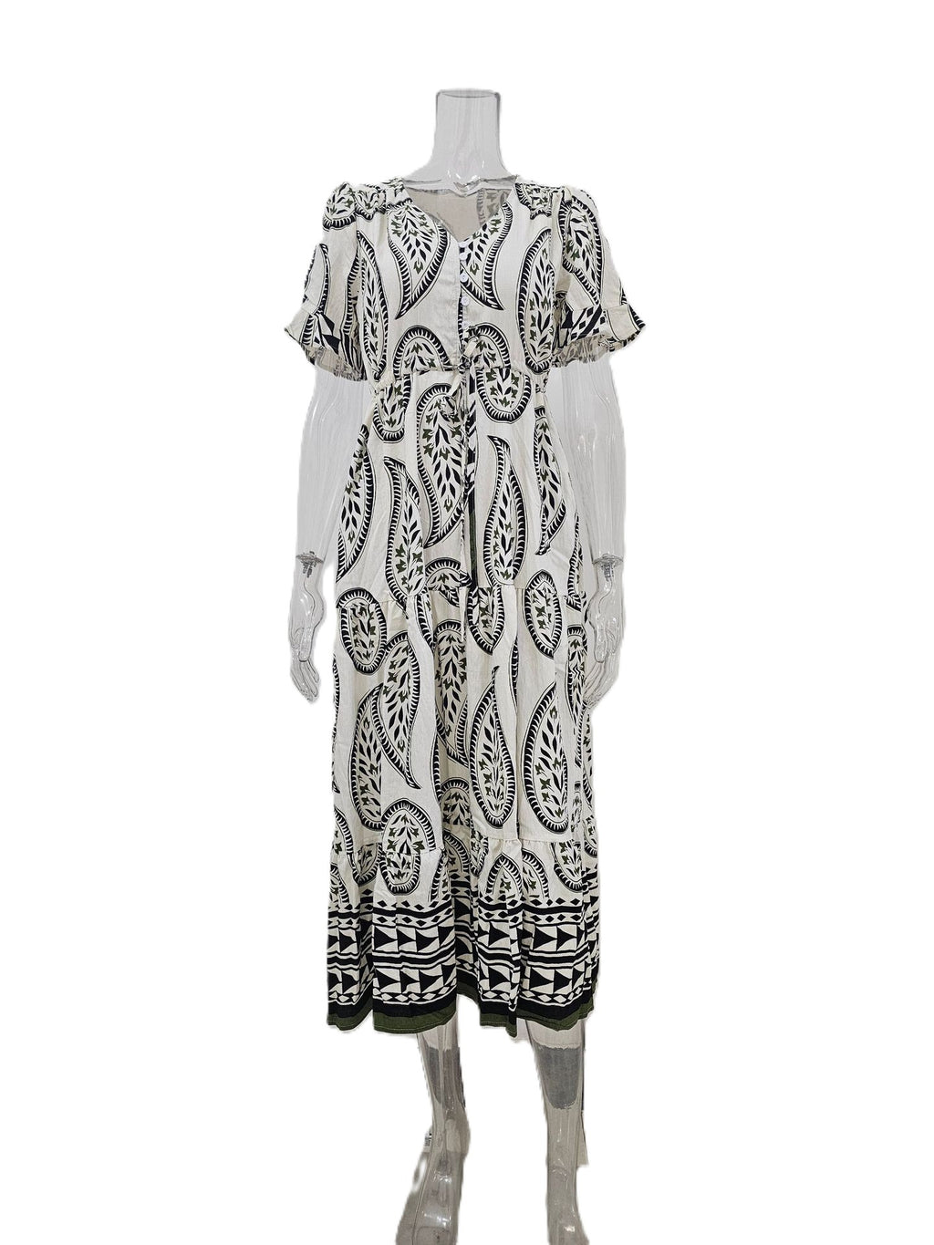 Flutter Sleeve Printed Tiered Midi Dress - Beige