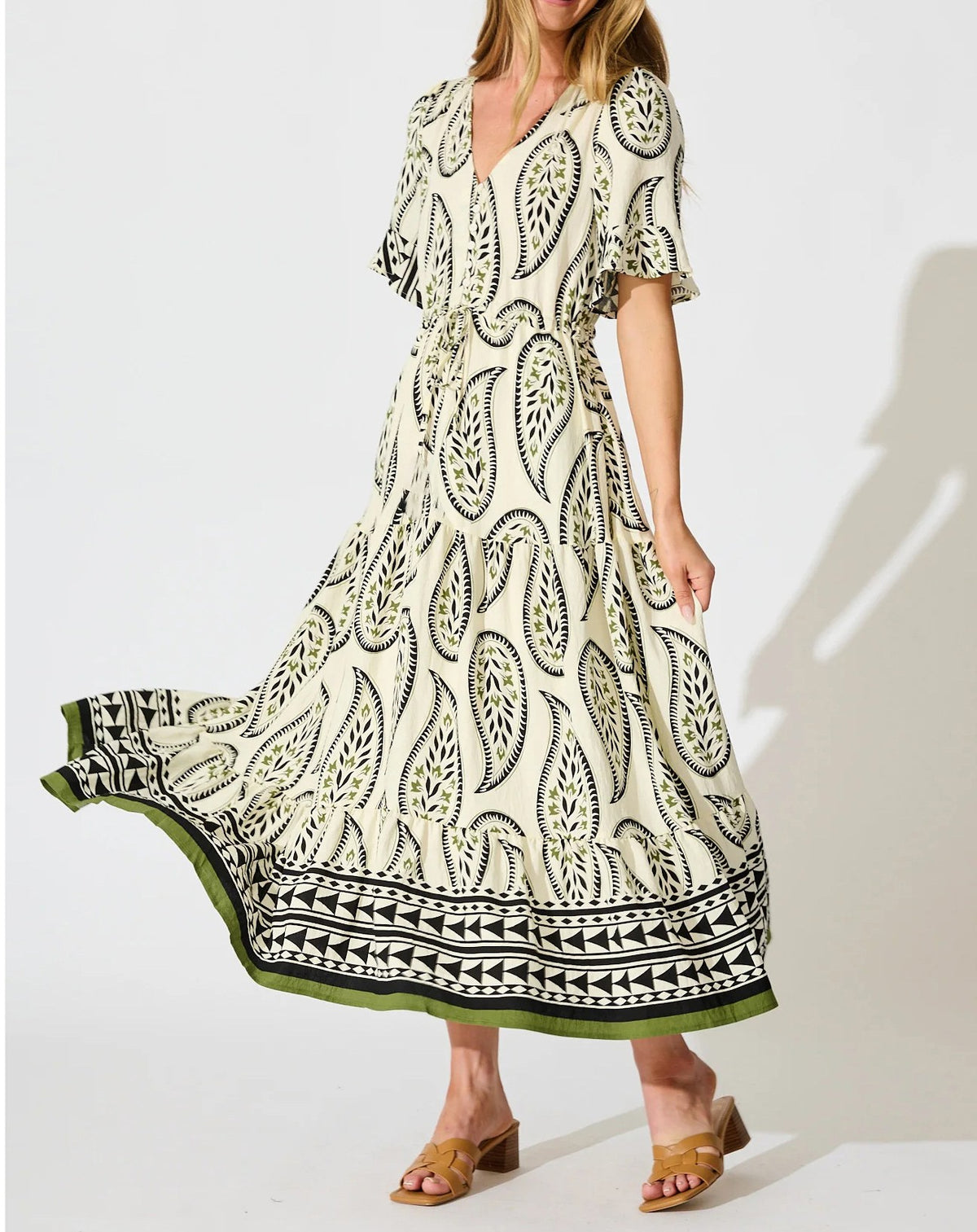 Flutter Sleeve Printed Tiered Midi Dress - Beige - 2