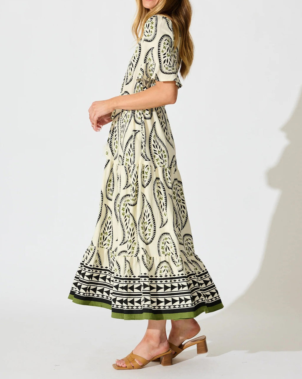 Flutter Sleeve Printed Tiered Midi Dress - Beige - 3