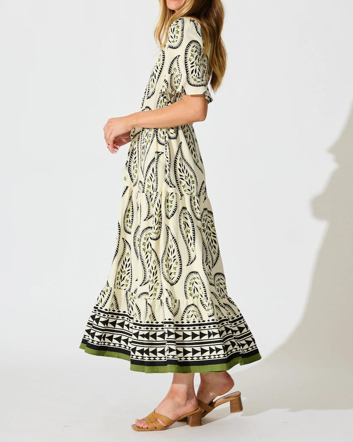 Flutter Sleeve Printed Tiered Midi Dress - Beige - 3