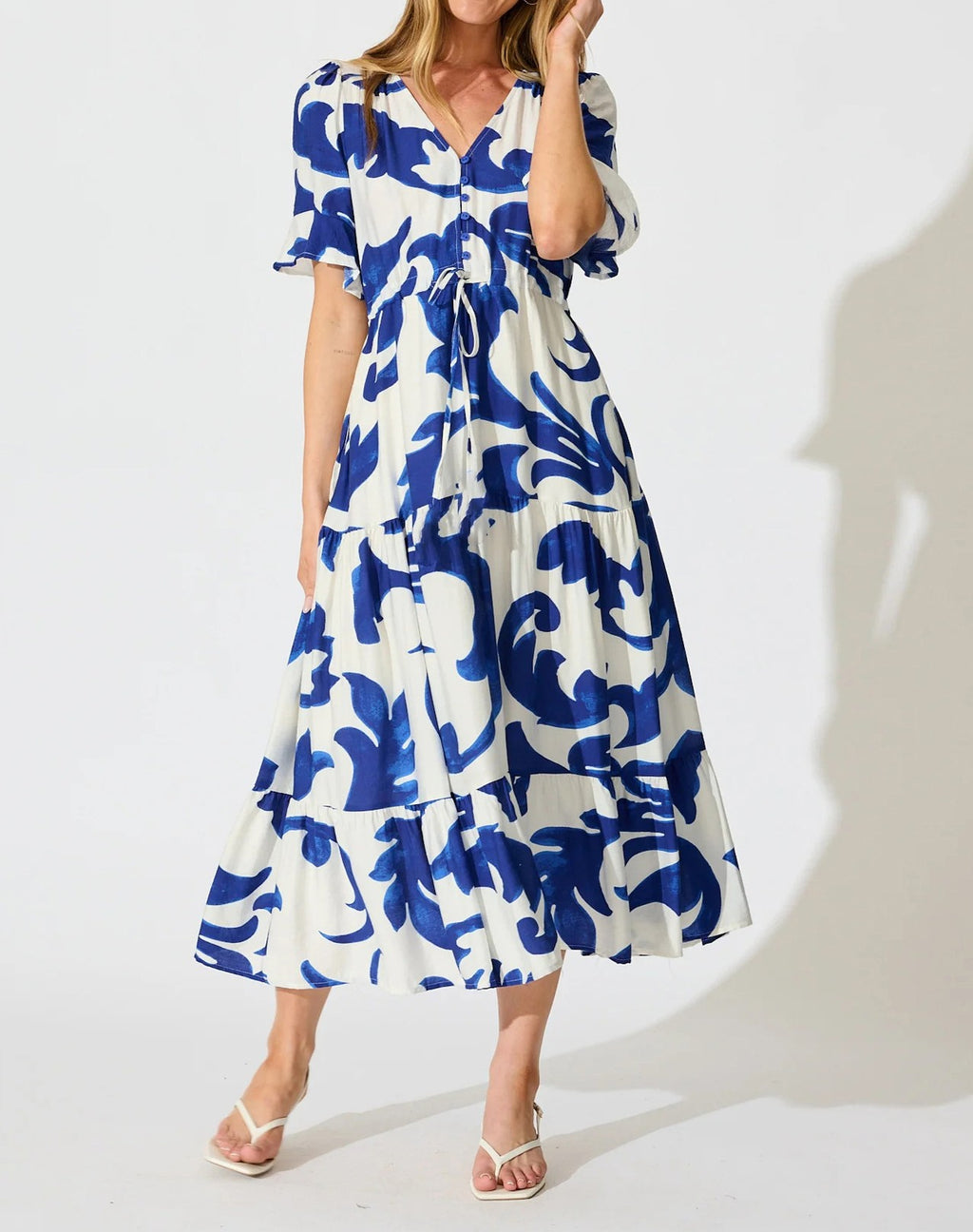 Flutter Sleeve Printed Tiered Midi Dress - Blue