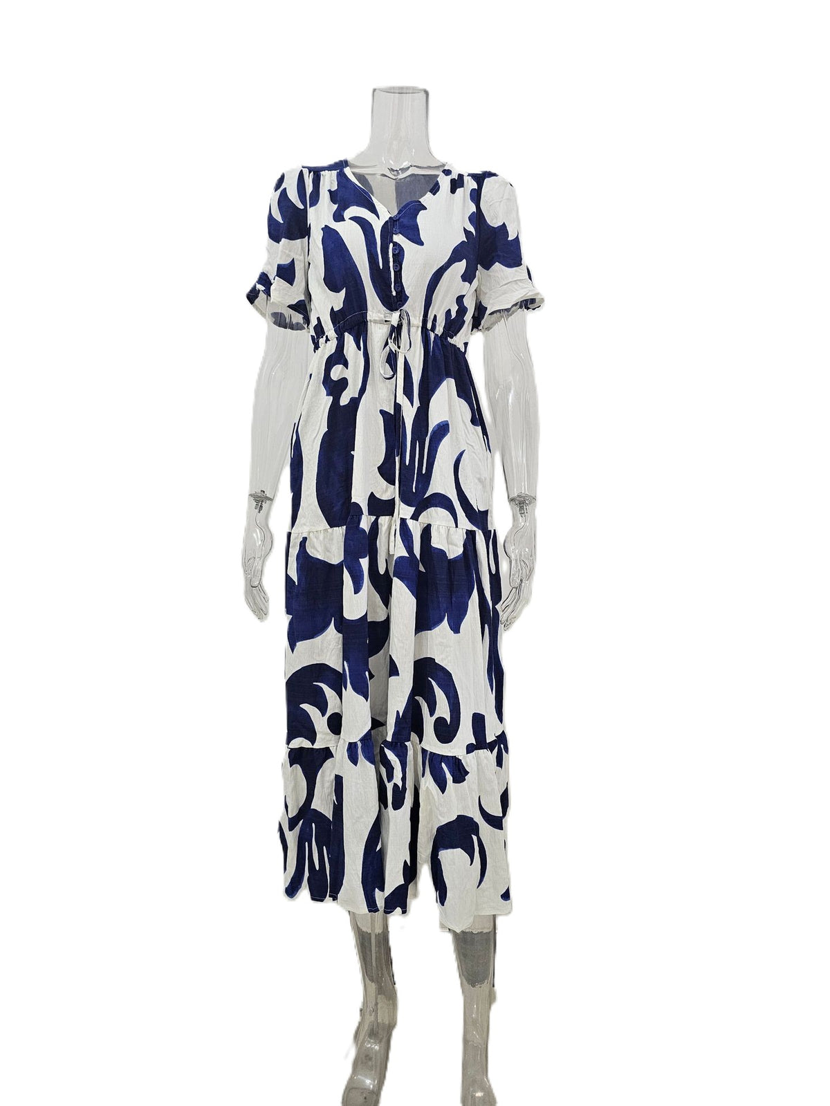 Flutter Sleeve Printed Tiered Midi Dress - Blue - 1