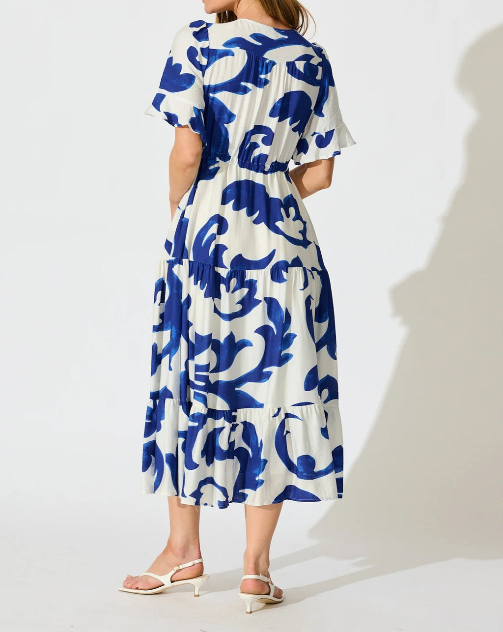 Flutter Sleeve Printed Tiered Midi Dress - Blue - 3