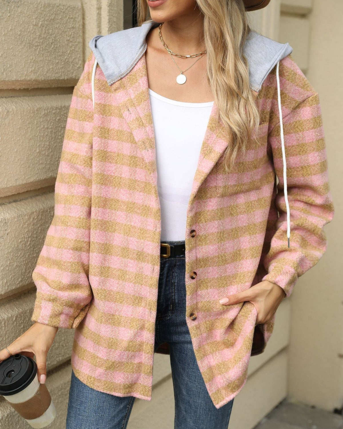 Brushed Plaid Shacket With Drawstring Hood - Pink - 2