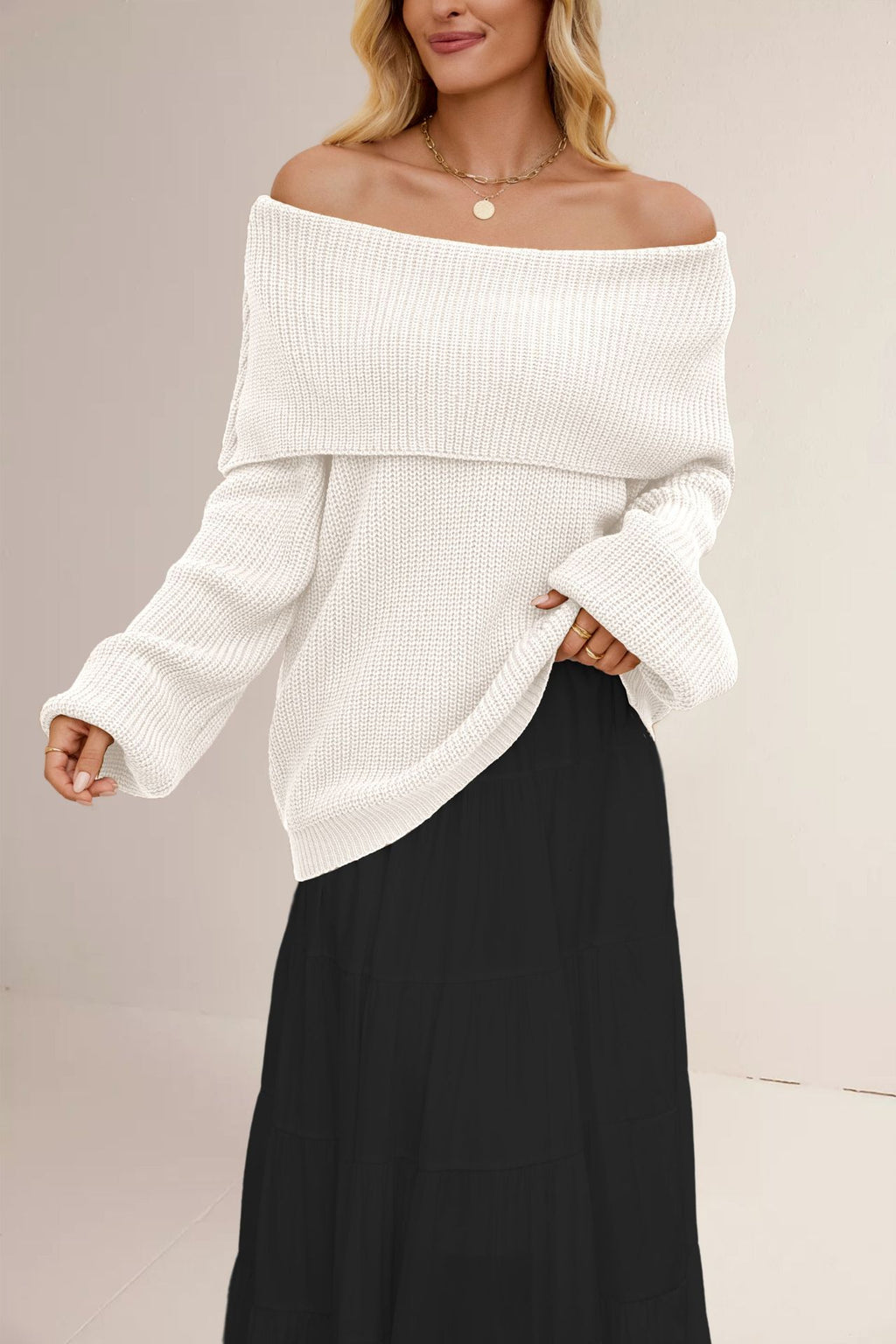 Fold Over Collar Off Shoulder Knit Sweater - Apricot
