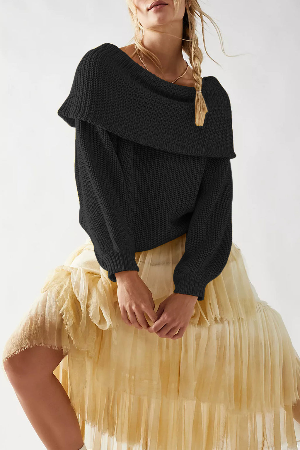 Fold Over Collar Off Shoulder Knit Sweater - Black
